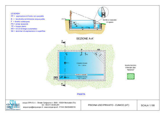 piscina interrata isoblok, forma classica, bordo a cascata, scala ad angolo, piscina progettata da Acqua SPA®